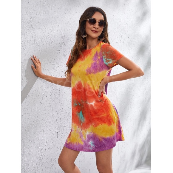 Bright Tie Dye Print Mini Tee Shirt Dress Short Sleeve Orange Yellow A-Line - Picture 3 of 7